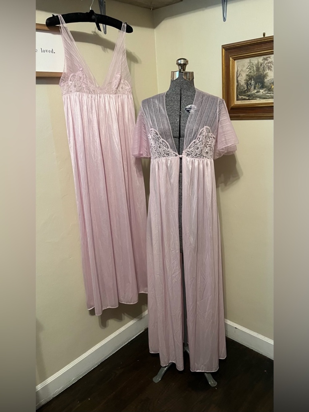 Vintage Pink Pegnoir Set, Full Length Nightgown & Robe, Val Mode, Pink, Long